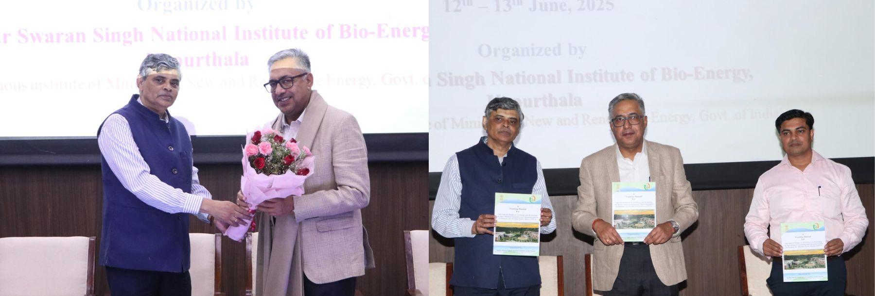 Two photos side by side: On the left, a man in a blue vest hands a bouquet to another man. On the right, three men stand holding certificates, smiling, in front of a presentation screen.