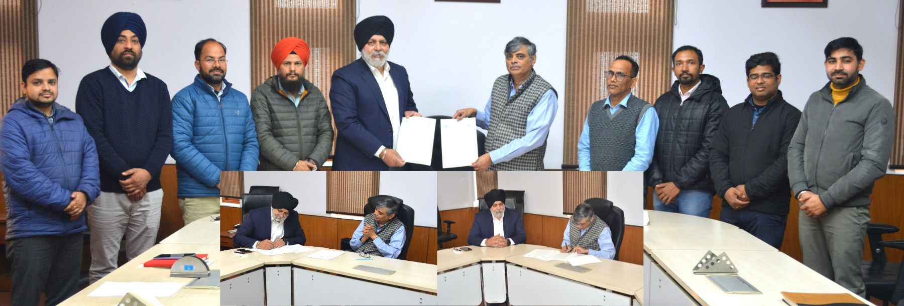 A group of eleven men, some in turbans and winter jackets, pose around a conference table; insets below show two men signing documents and shaking hands while others observe