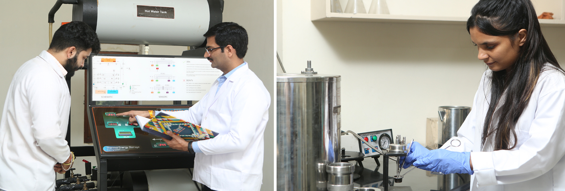 Two men in lab coats work with a control panel and monitor, while a woman in a lab coat and blue gloves operates lab equipment in a separate area. The setting appears to be a scientific laboratory.