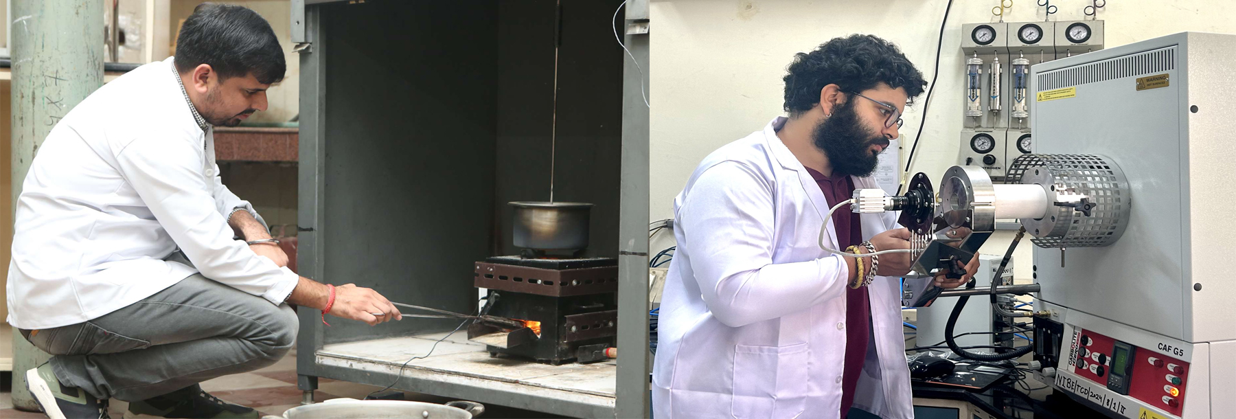Two scientists in lab coats work separately: one handles rods over a furnace, while the other adjusts settings on a scientific instrument with multiple gauges and dials. Both are focused on their respective tasks.