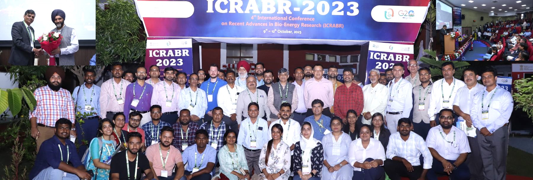 A large group of attendees pose for a photo at ICRABR 2023, an international conference on bio-energy research. A banner with the event name hangs above, and smaller event scenes appear in the image corners.